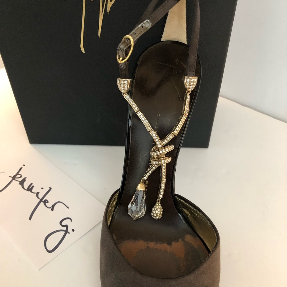 Giuseppe Zanotti Jeweled Ankle Strap Satin Heel.